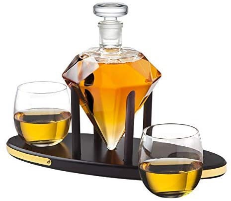 Whiskey Decanter Diamond set with 2 Cocktail Whisky Glasses - for Liquor, Scotch, Bourbon, Vodka- 850ml