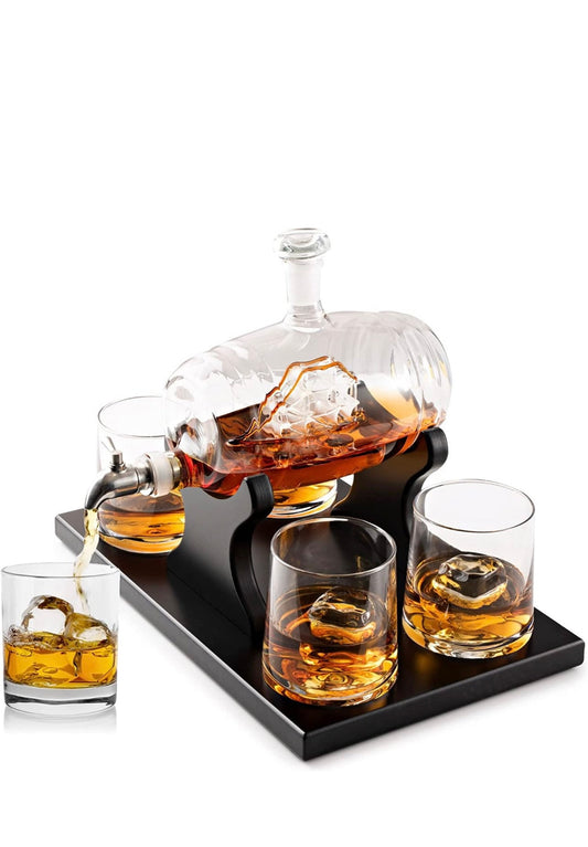 Whiskey Decanter Barrel Gift Set - Liquor Dispenser Whiskey Gifts for Men - Ship in a Bottle Whiskey Decanter Set - 4 Whiskey Glasses